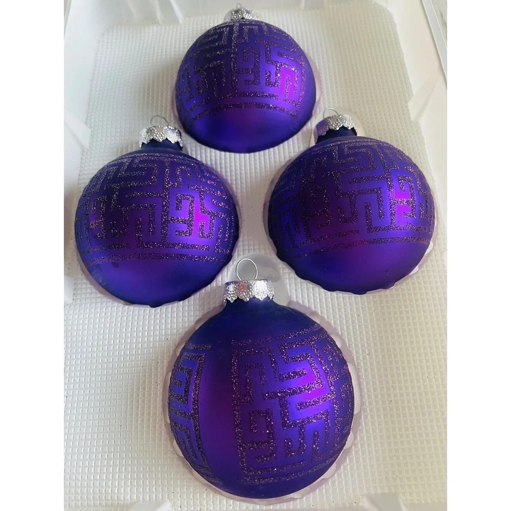 Vintage Christmas by‎ Krebs 4pc Glass Ornaments Purple Maze Pattern Designer 5in